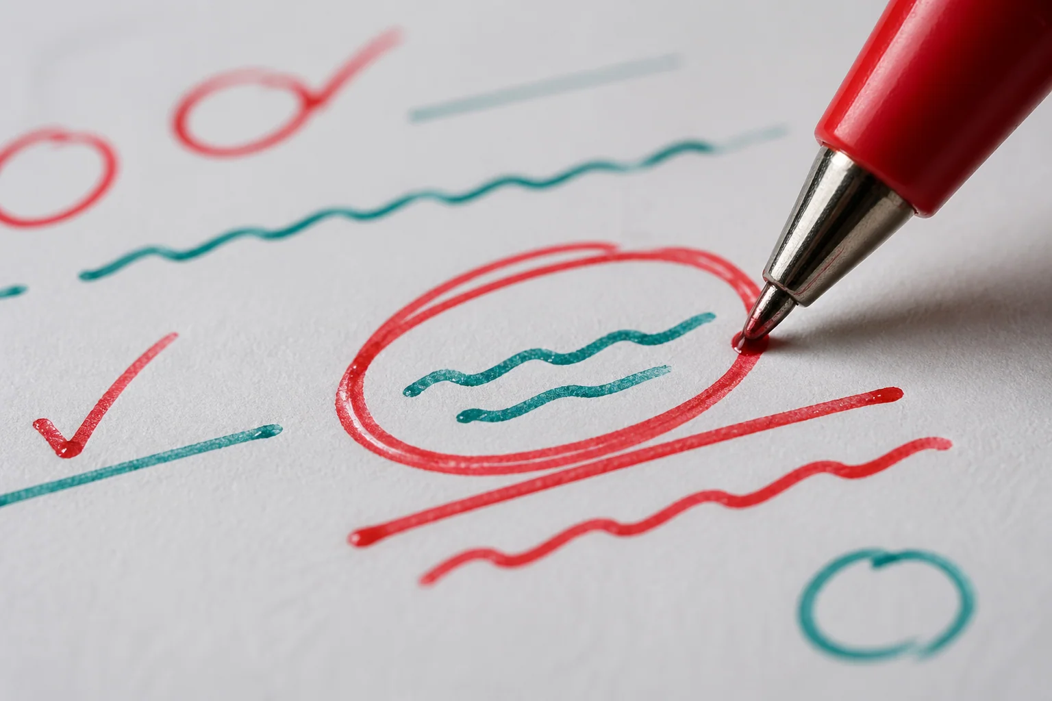 Close-up of OET letter with teacher annotation marks — circling, underlining, and wavy lines showing feedback