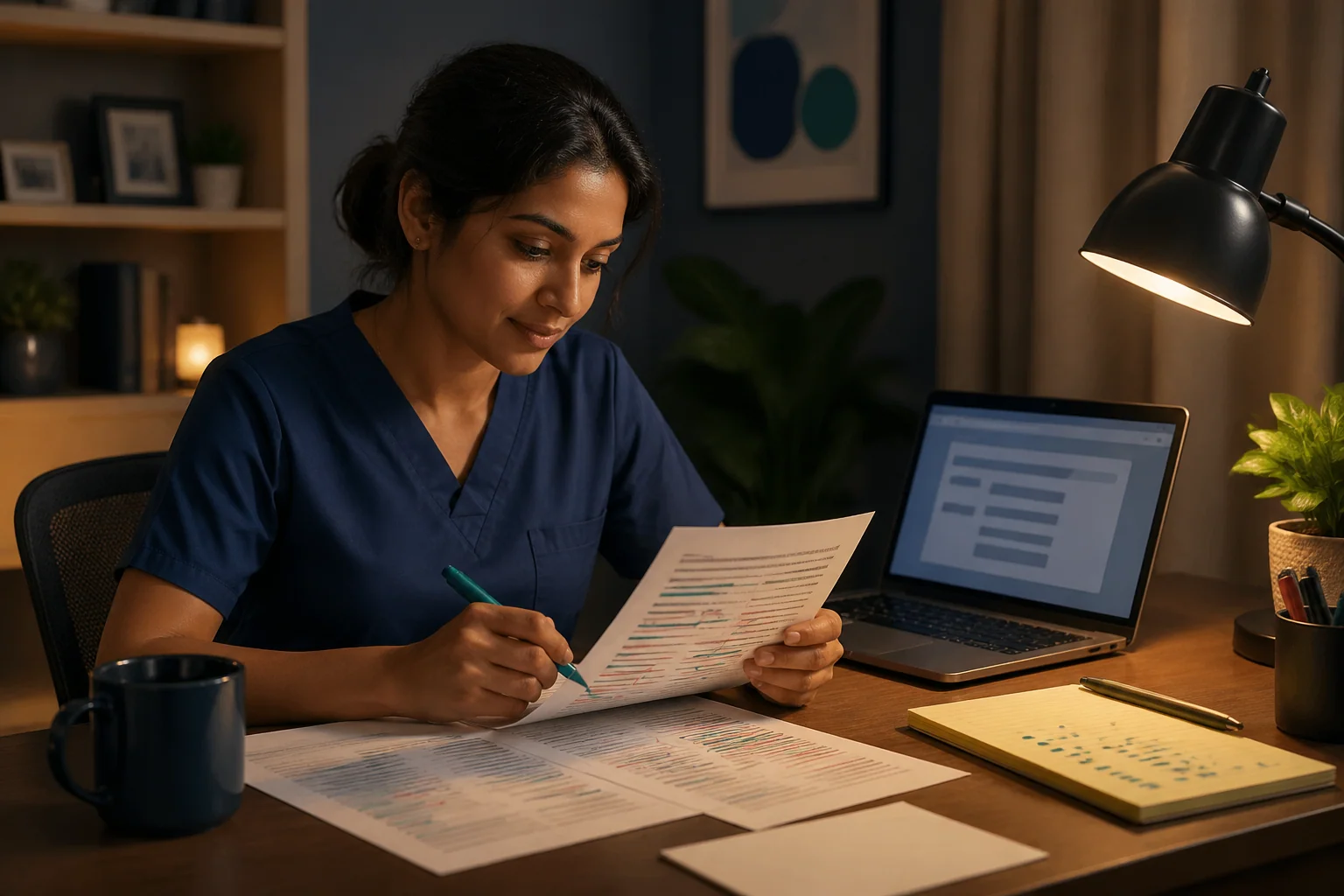Healthcare professional reviewing corrected practice letters at a study desk, preparing for OET retake
