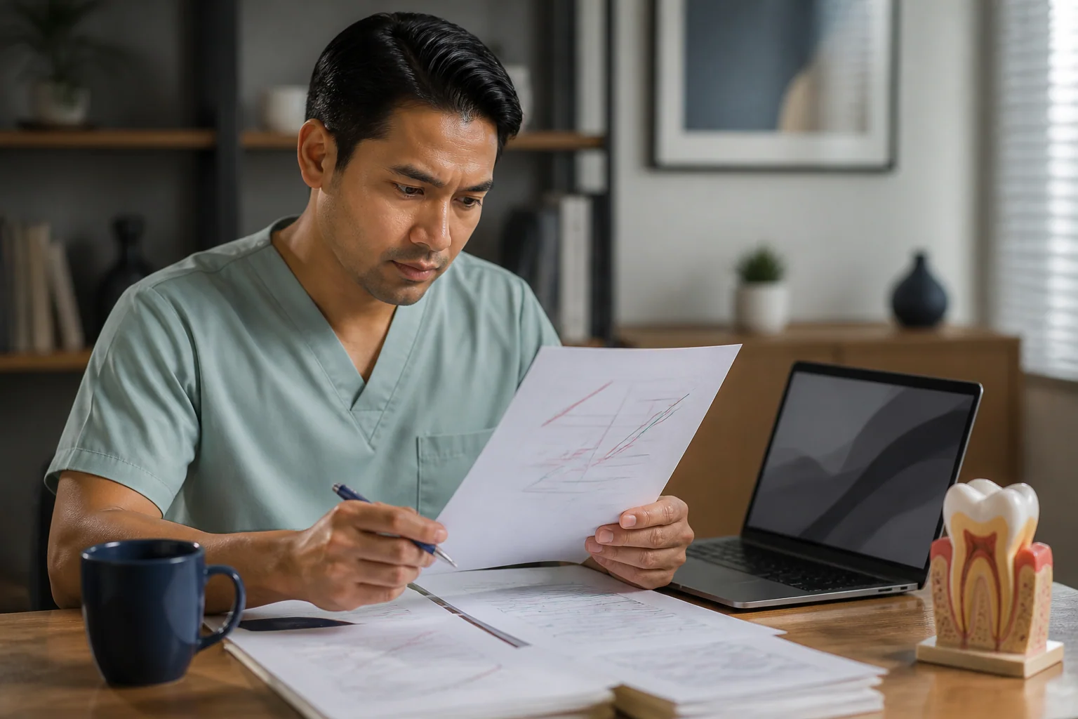 International dentist preparing for OET Writing exam at a study desk