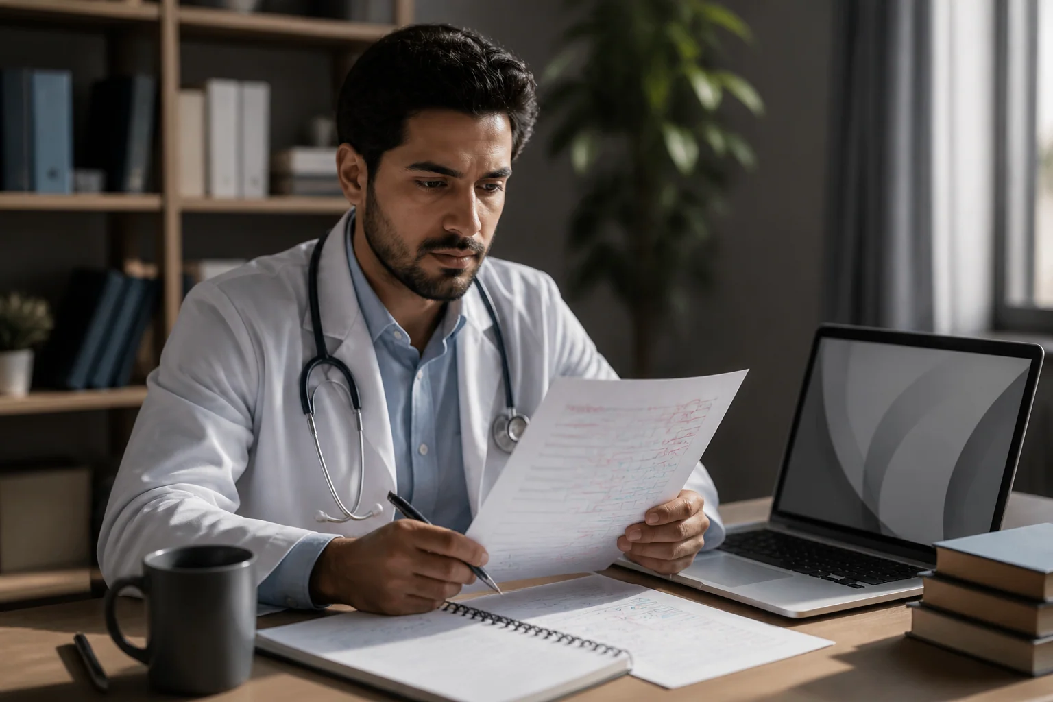 International medical graduate reviewing OET writing feedback at a study desk