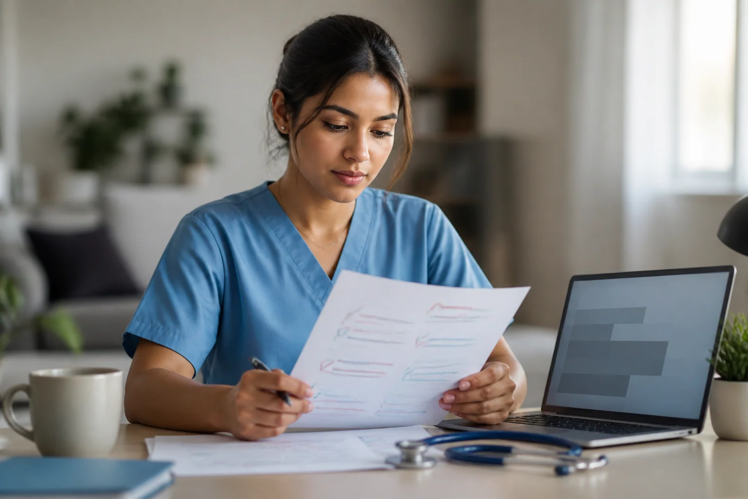 International nurse preparing for OET Writing exam at a desk with handwritten annotations
