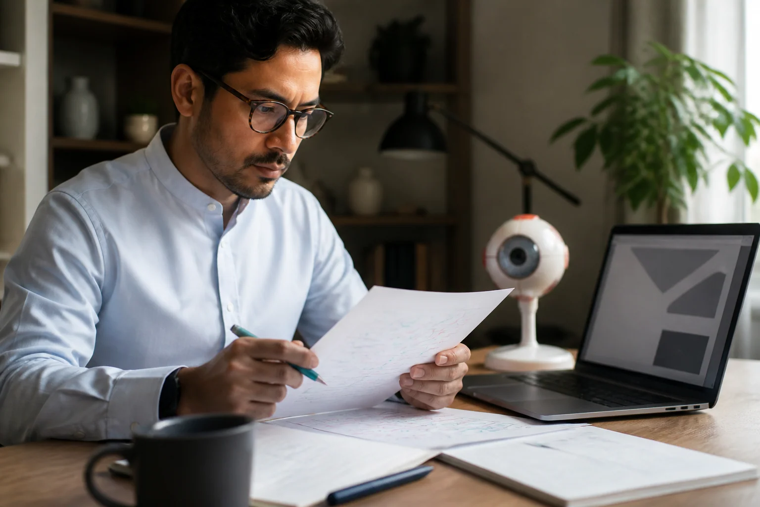 International optometrist preparing for OET Writing exam at a study desk