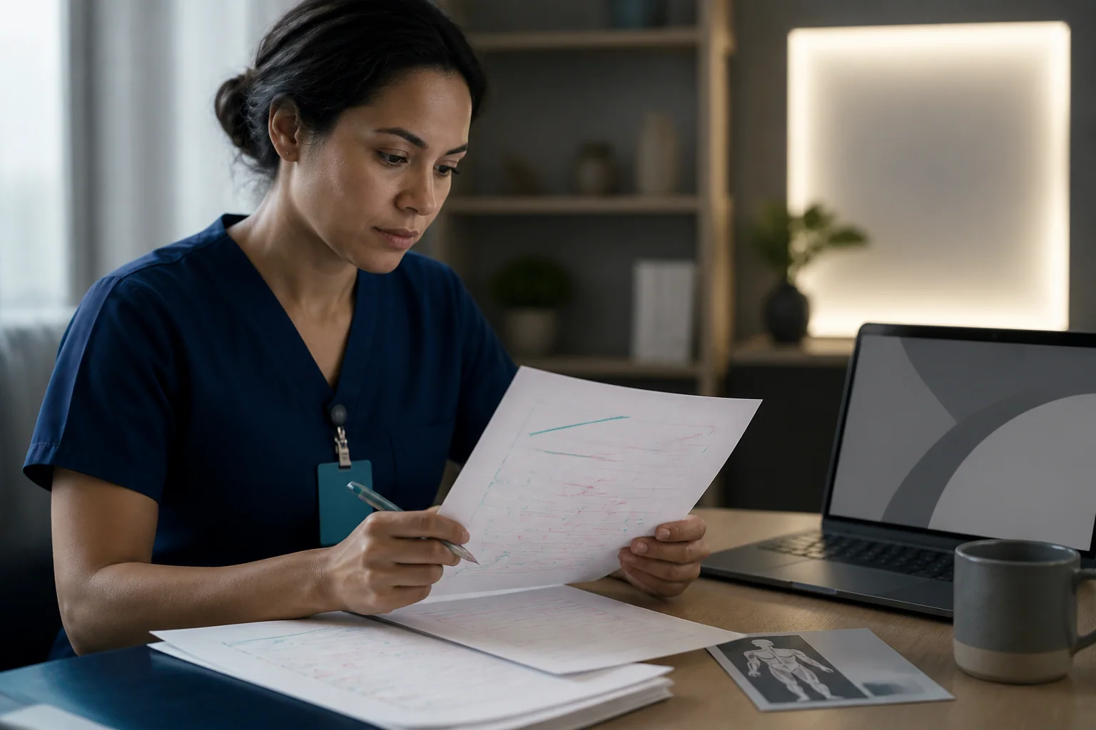 International radiographer preparing for OET Writing exam at a study desk