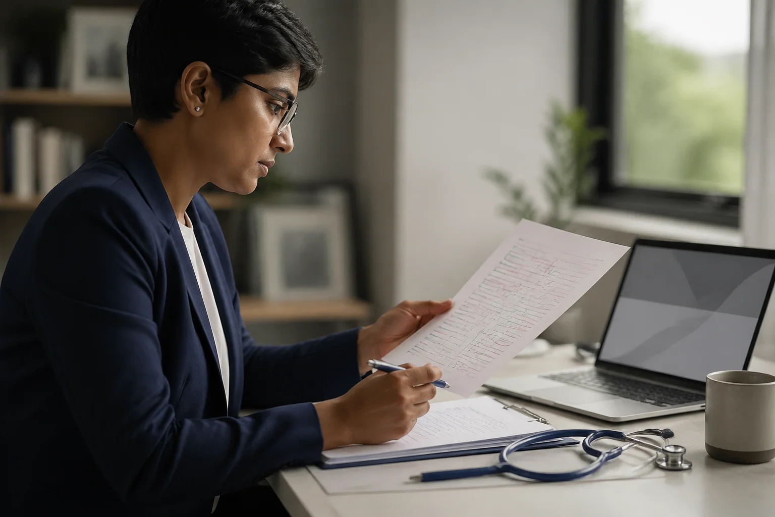 A healthcare professional reading a corrected OET letter with handwritten teacher annotations