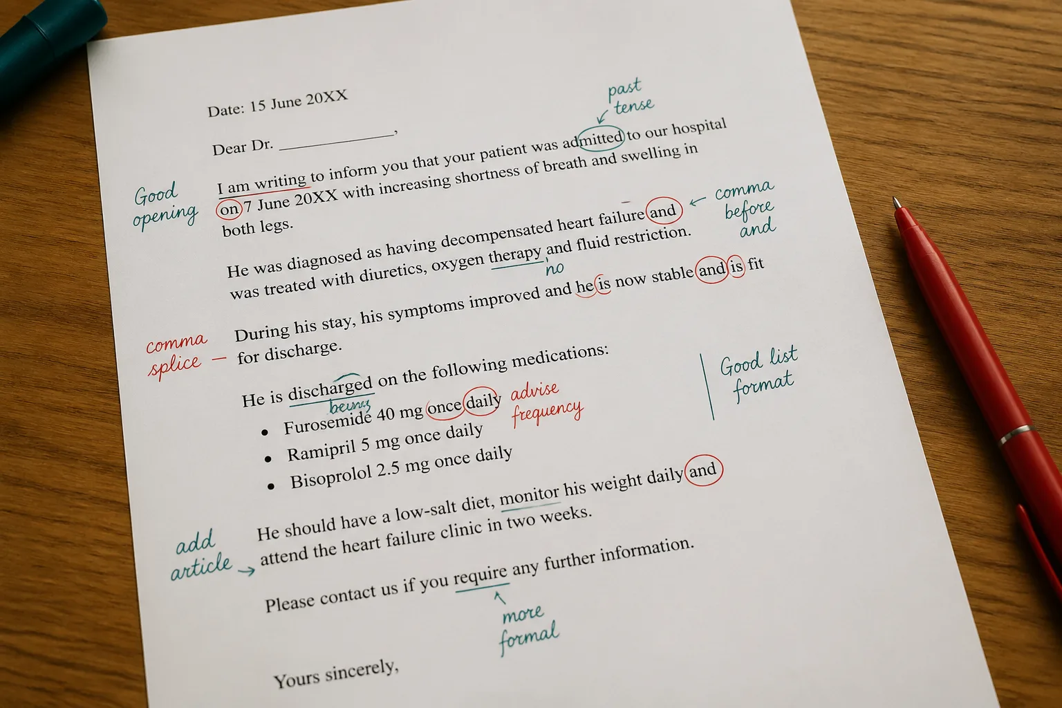 Annotated OET discharge letter showing examiner corrections and feedback marks