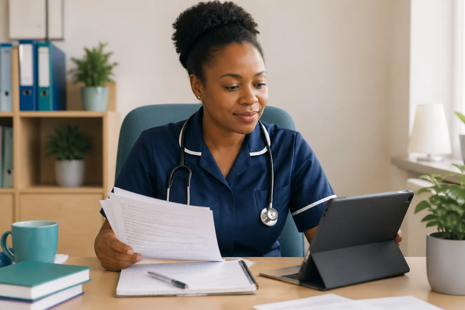 UK NHS nurse studying OET writing material for NMC registration