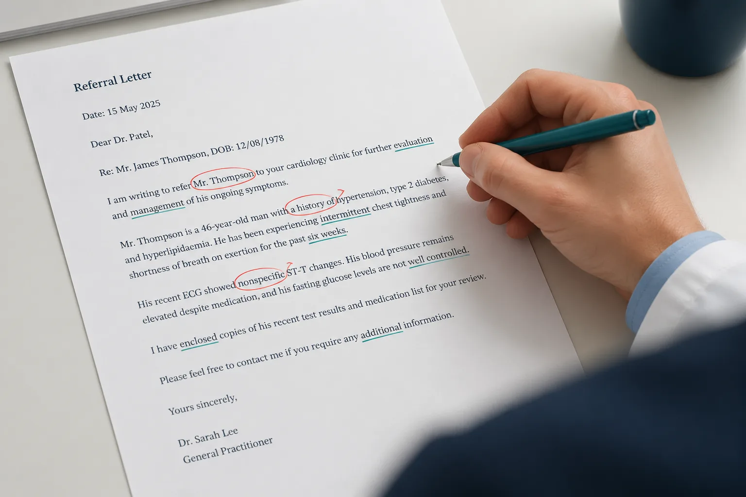 A real OET referral letter corrected with line-by-line examiner annotations