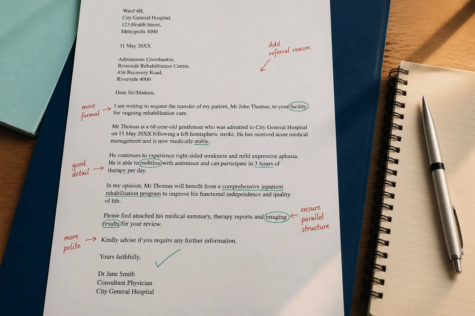 Annotated OET transfer letter showing detailed examiner feedback and corrections