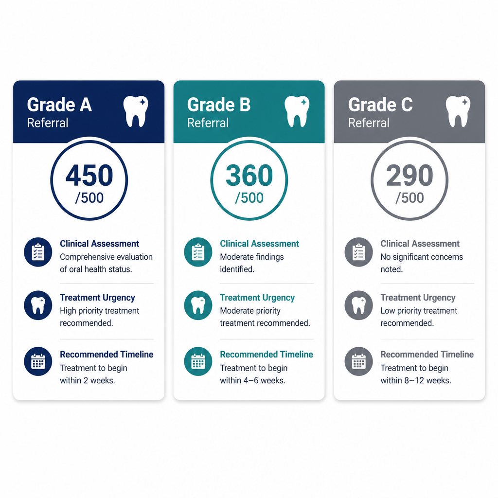 Side-by-side comparison of Grade A, B, C Dentist letters