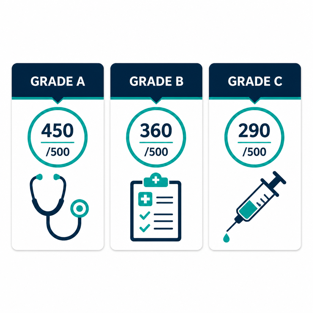 Side-by-side comparison of Grade A, B, C Physiotherapist letters