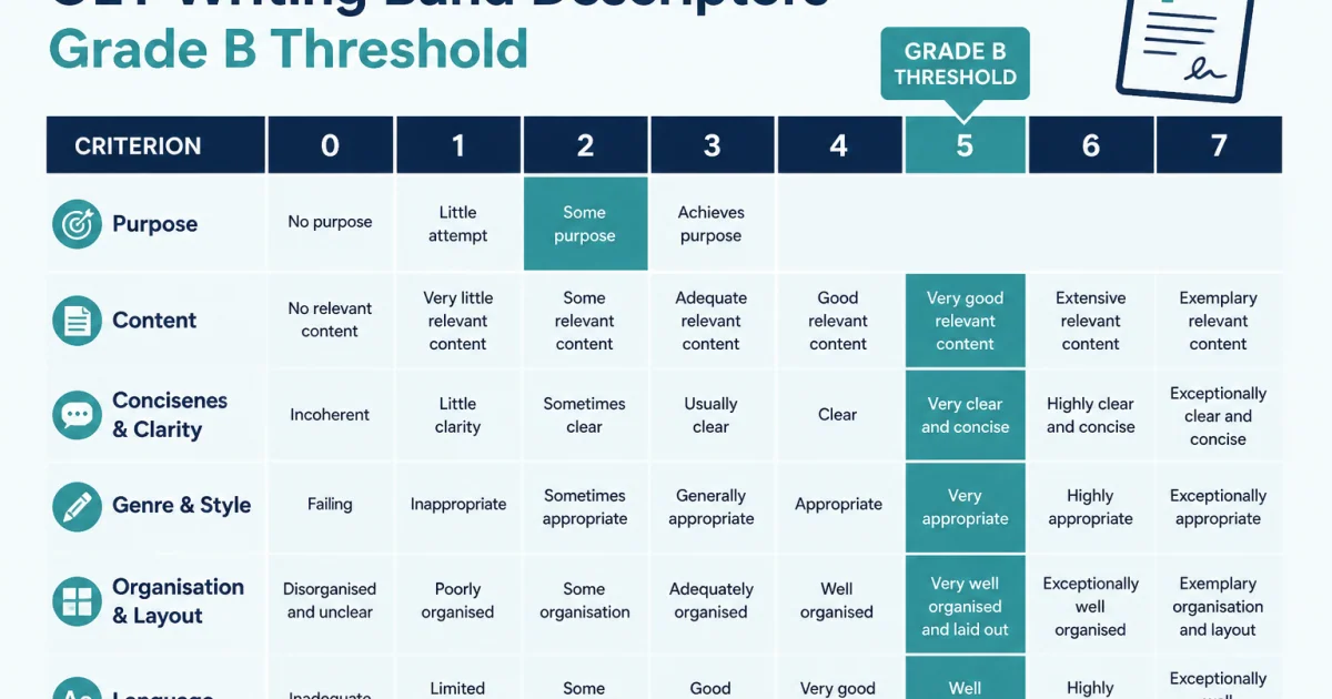 OET writing band descriptor table showing Grade B threshold across six criteria