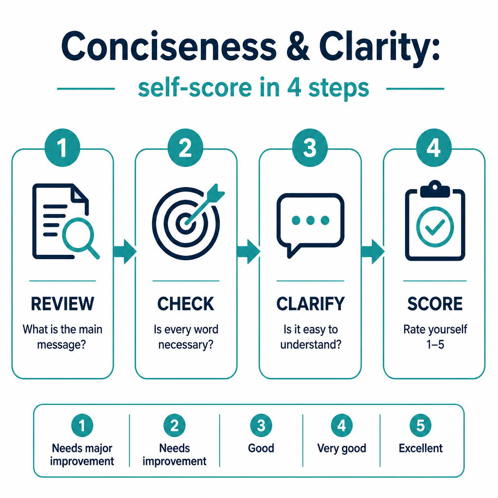 Conciseness & Clarity: 4-step self-scoring decision flowchart for the OET writing criterion