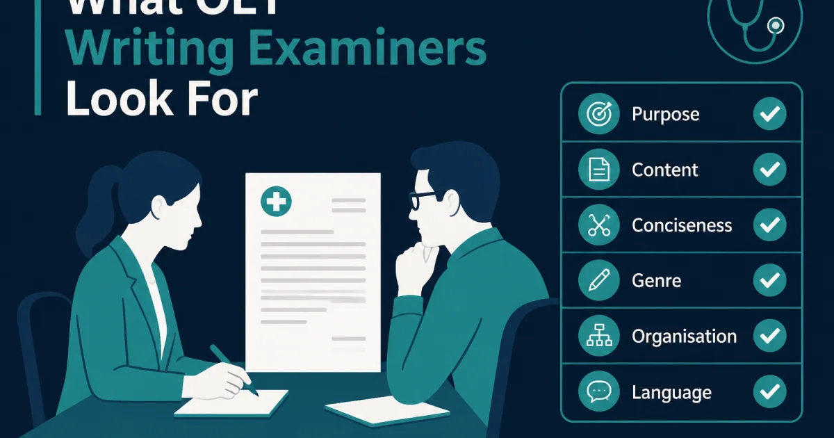 Two OET writing assessors reviewing a clinical letter with a criterion checklist