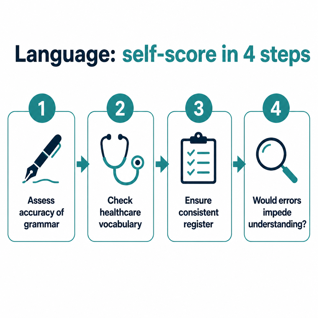 Language: 4-step self-scoring decision flowchart for the OET writing criterion