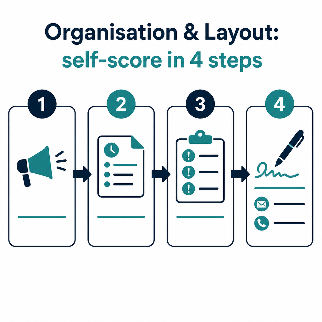 Organisation & Layout: 4-step self-scoring decision flowchart for the OET writing criterion