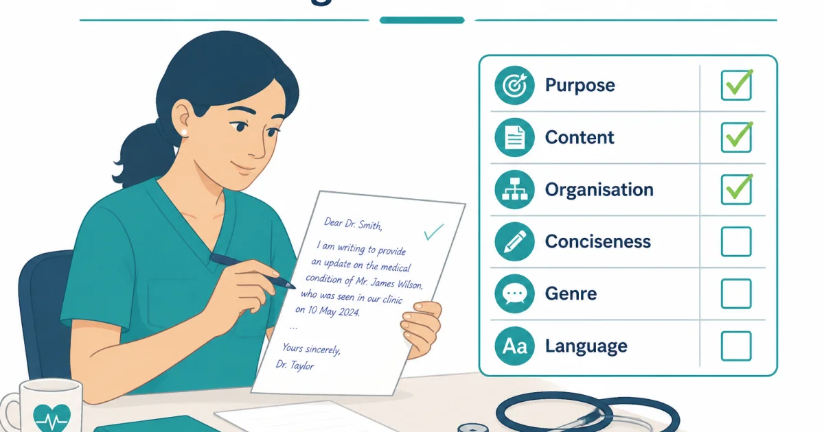 Healthcare professional self-assessing an OET practice letter using a six-criteria checklist