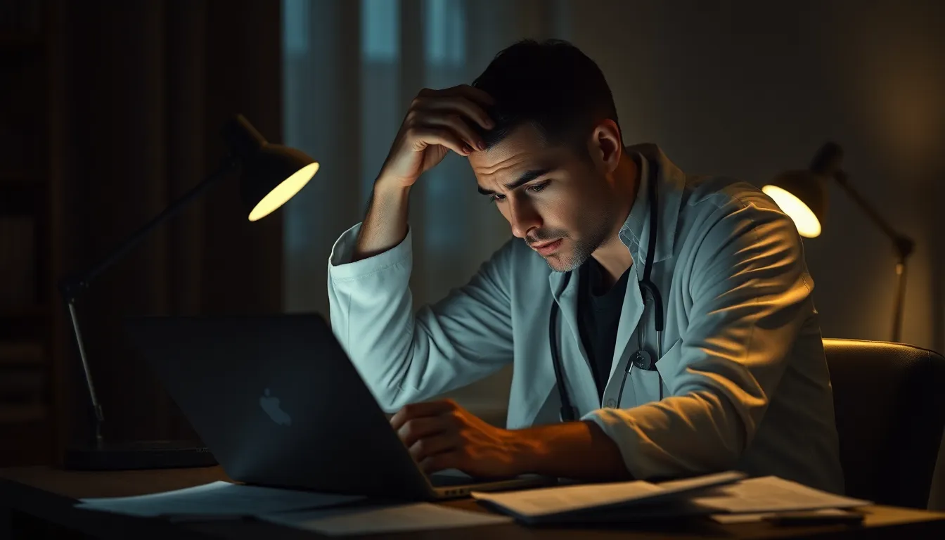 Doctor studying late at night preparing for the OET writing test