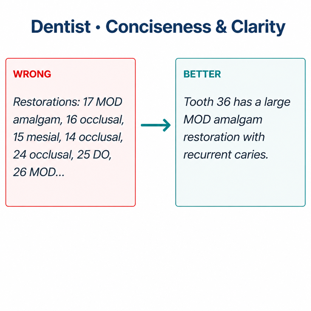 Common dentist Conciseness mistakes with corrected examples