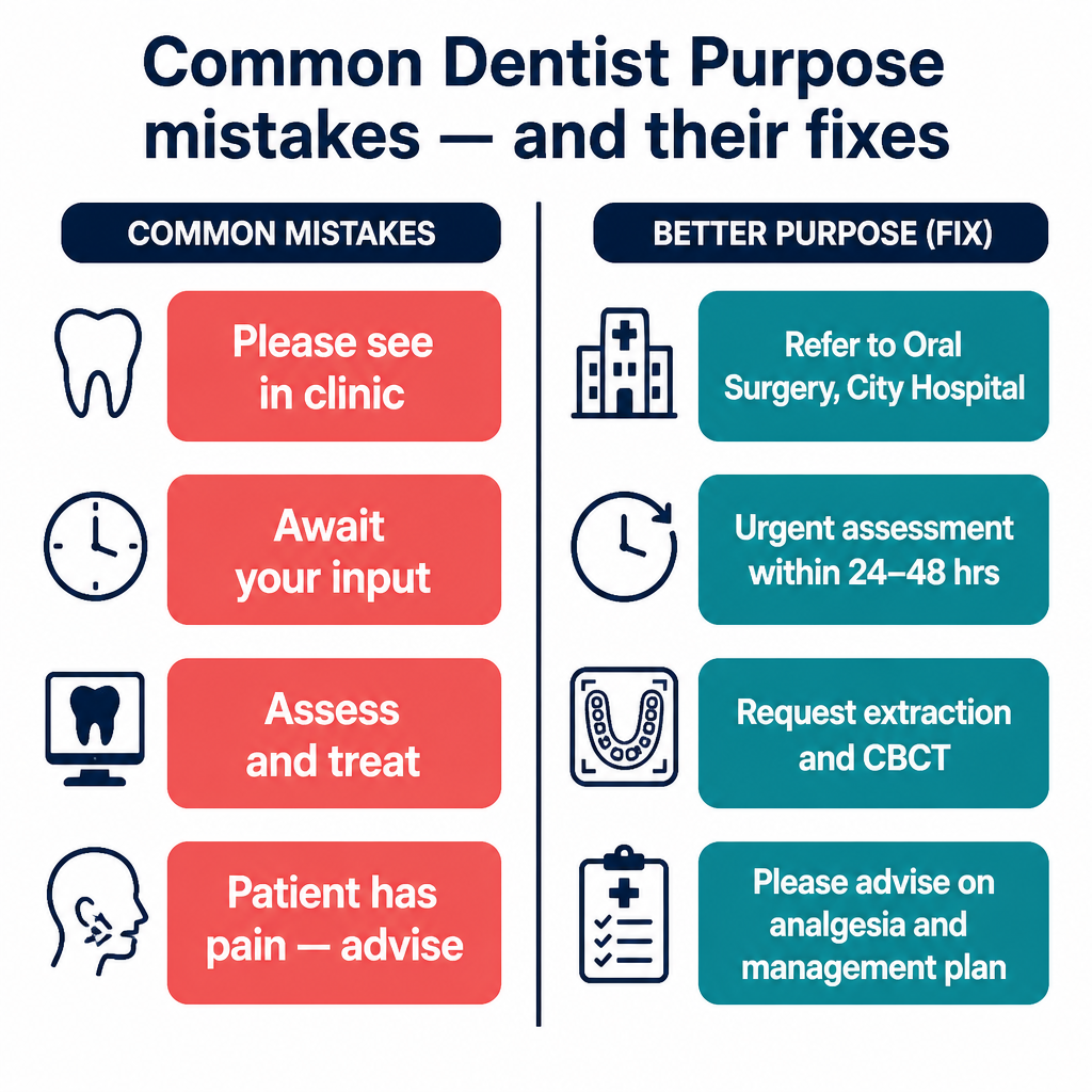 Common Dentist Purpose mistakes with corrected examples