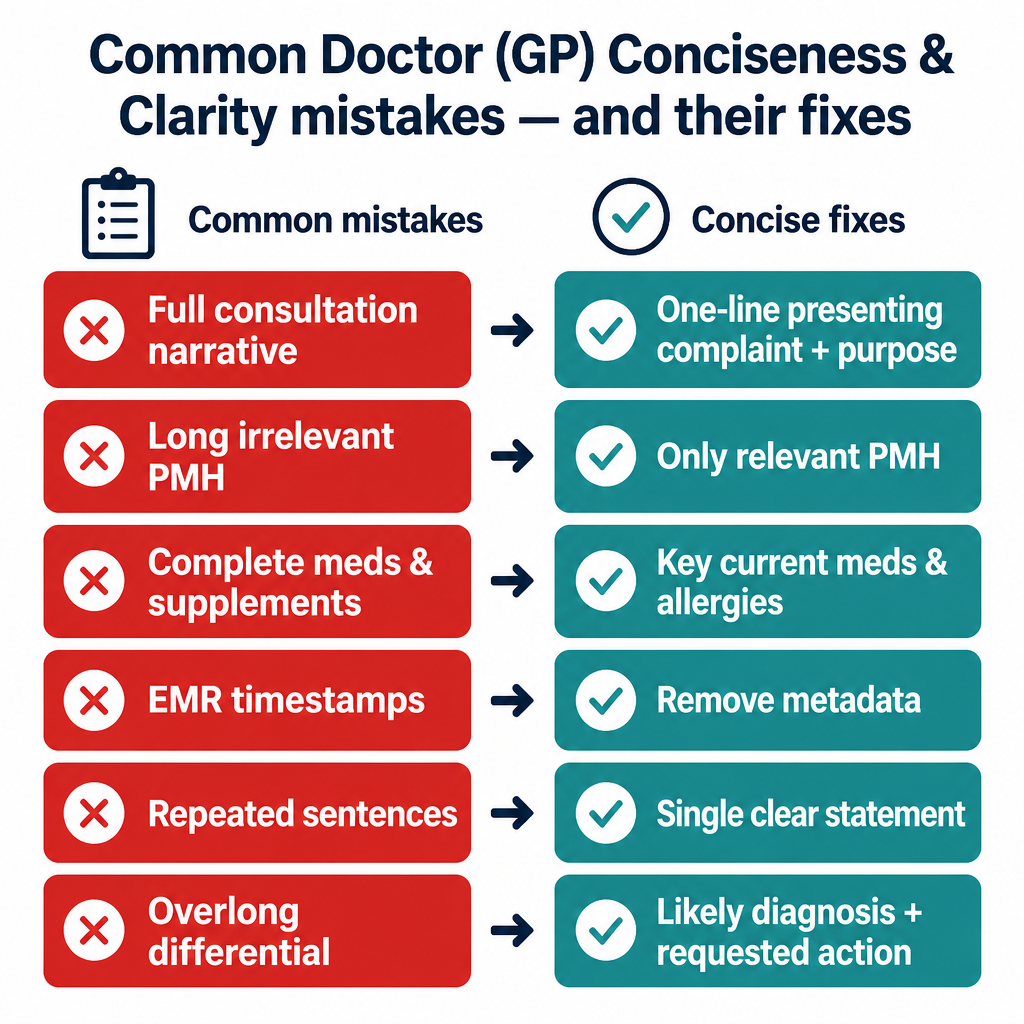 Common Doctor (GP) Conciseness & Clarity mistakes with corrected examples