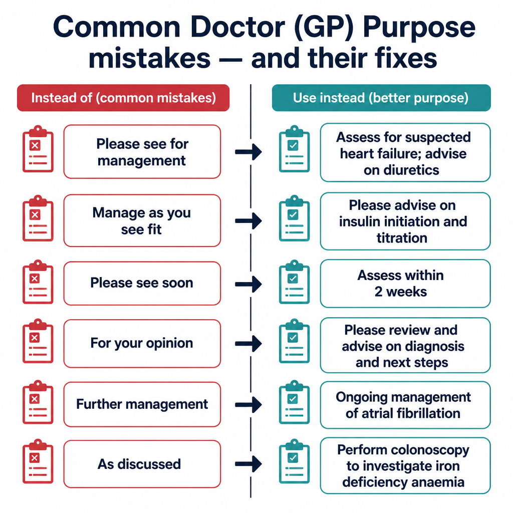 Common Doctor (GP) Purpose mistakes with corrected examples
