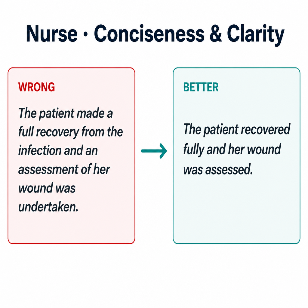 Common nurse Conciseness mistakes with corrected examples