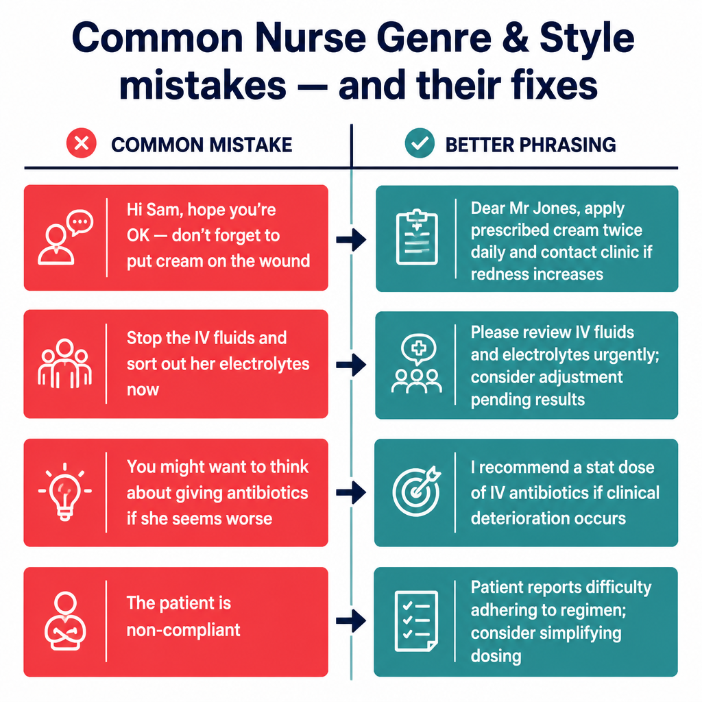 Common Nurse Genre & Style mistakes with corrected examples