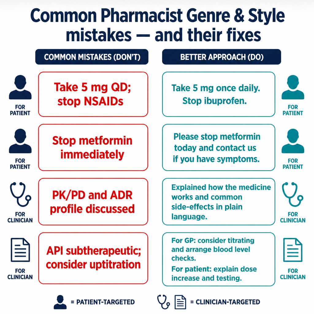 Common Pharmacist Genre & Style mistakes with corrected examples