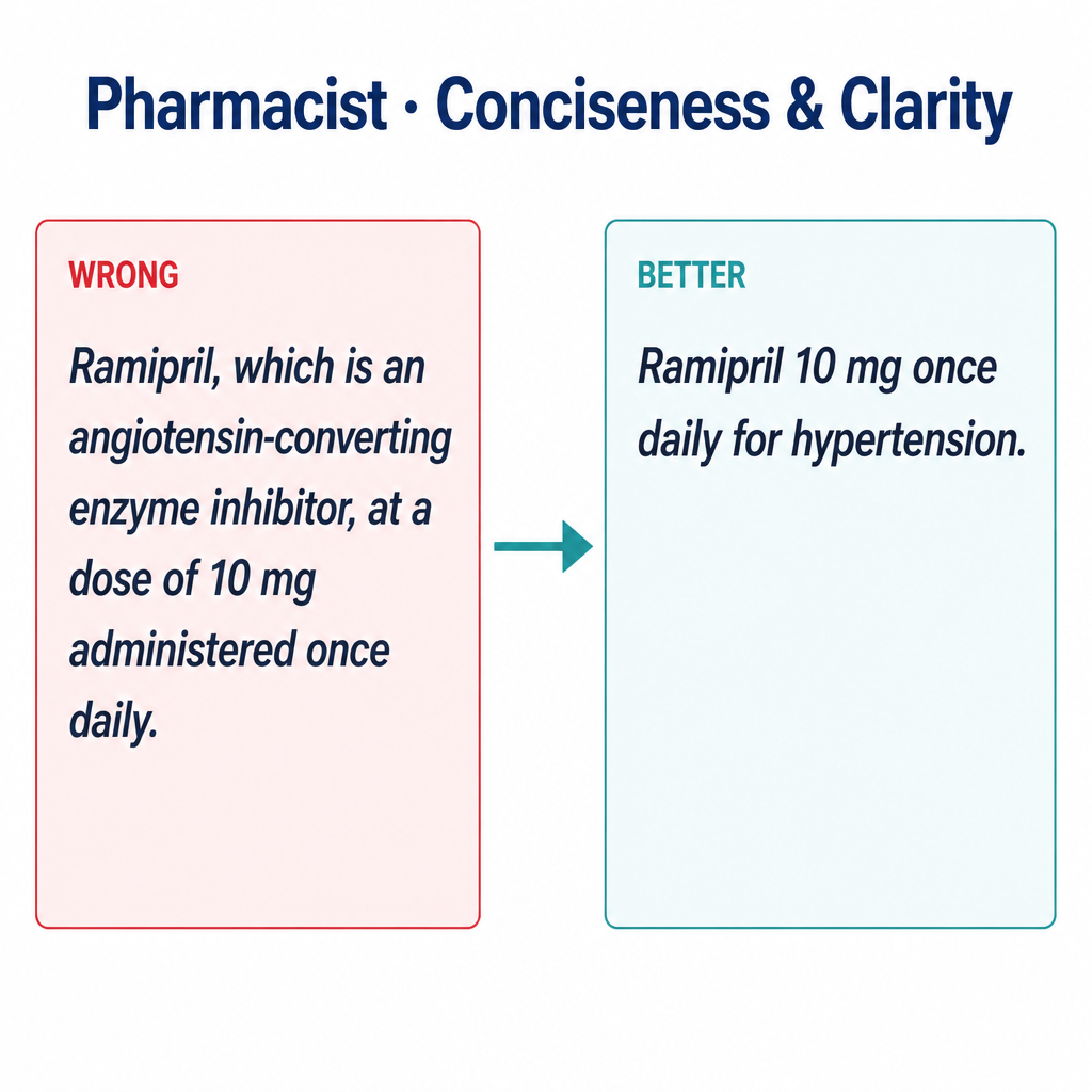 Common pharmacist Conciseness mistakes with corrected examples