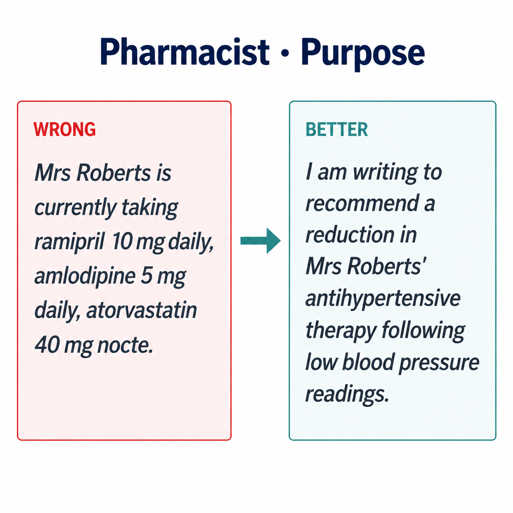 Common pharmacist Purpose mistakes with corrected examples