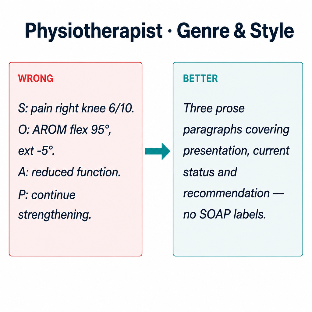 Common physiotherapist Genre & Style mistakes with corrected examples