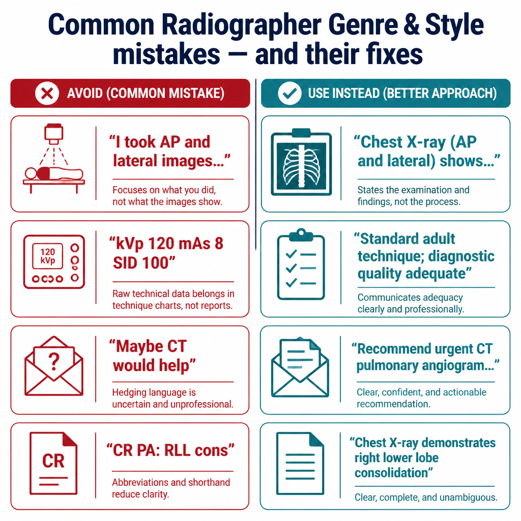 Common Radiographer Genre & Style mistakes with corrected examples