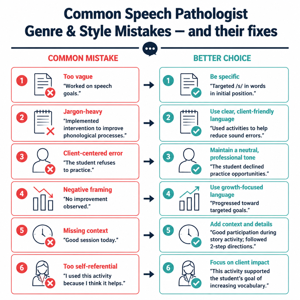 Common Speech Pathologist Genre & Style mistakes with corrected examples