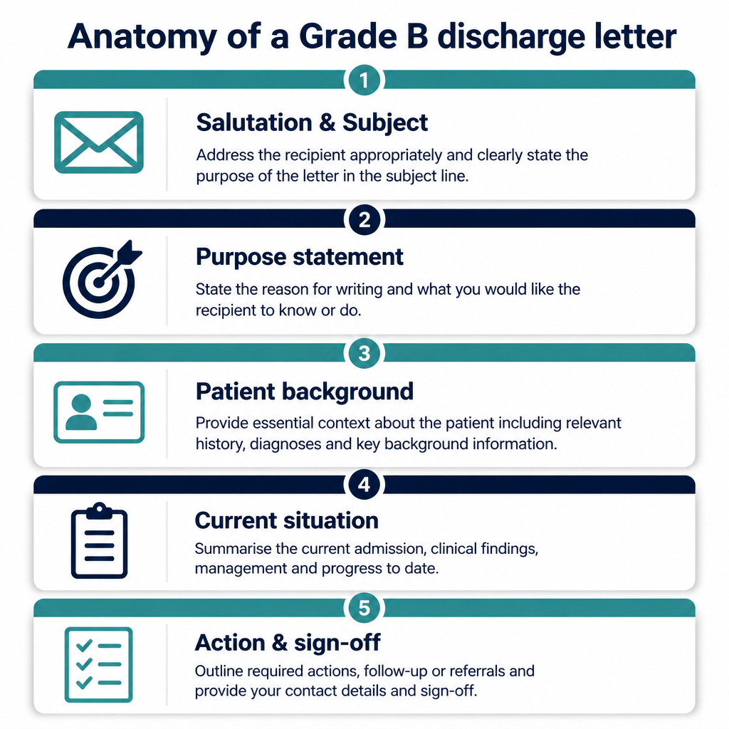 Diagram showing the 5 sections of a Grade B OET discharge letter