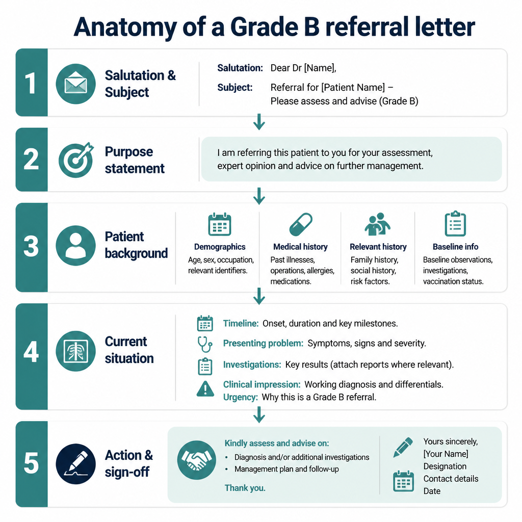 Diagram showing the 5 sections of a Grade B OET referral letter