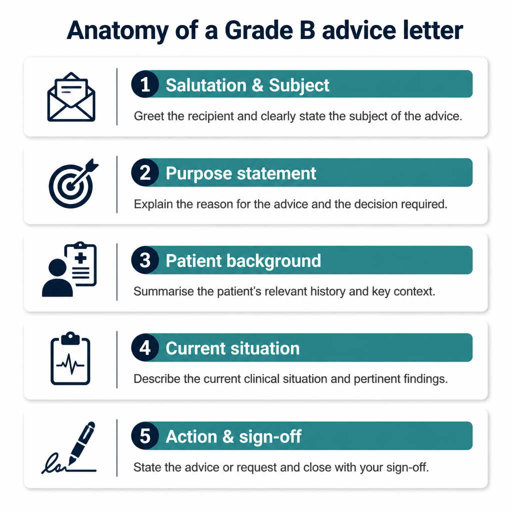 Diagram showing the 5 sections of a Grade B OET advice letter