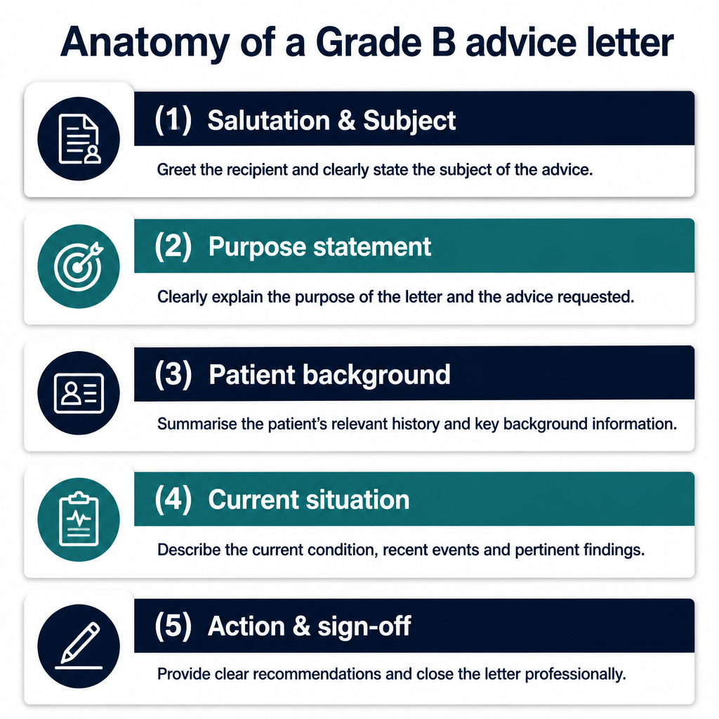 Diagram showing the 5 sections of a Grade B OET advice letter