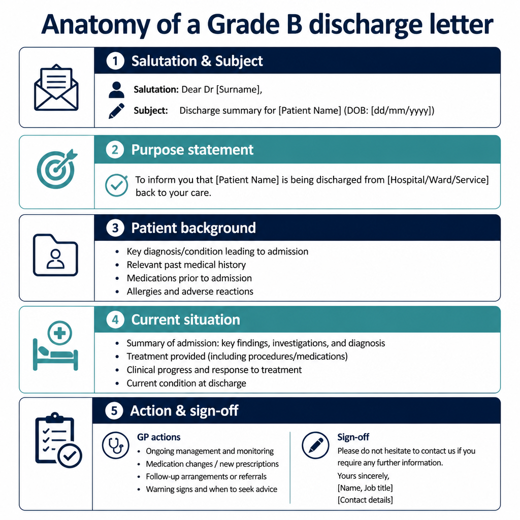 Diagram showing the 5 sections of a Grade B OET discharge letter