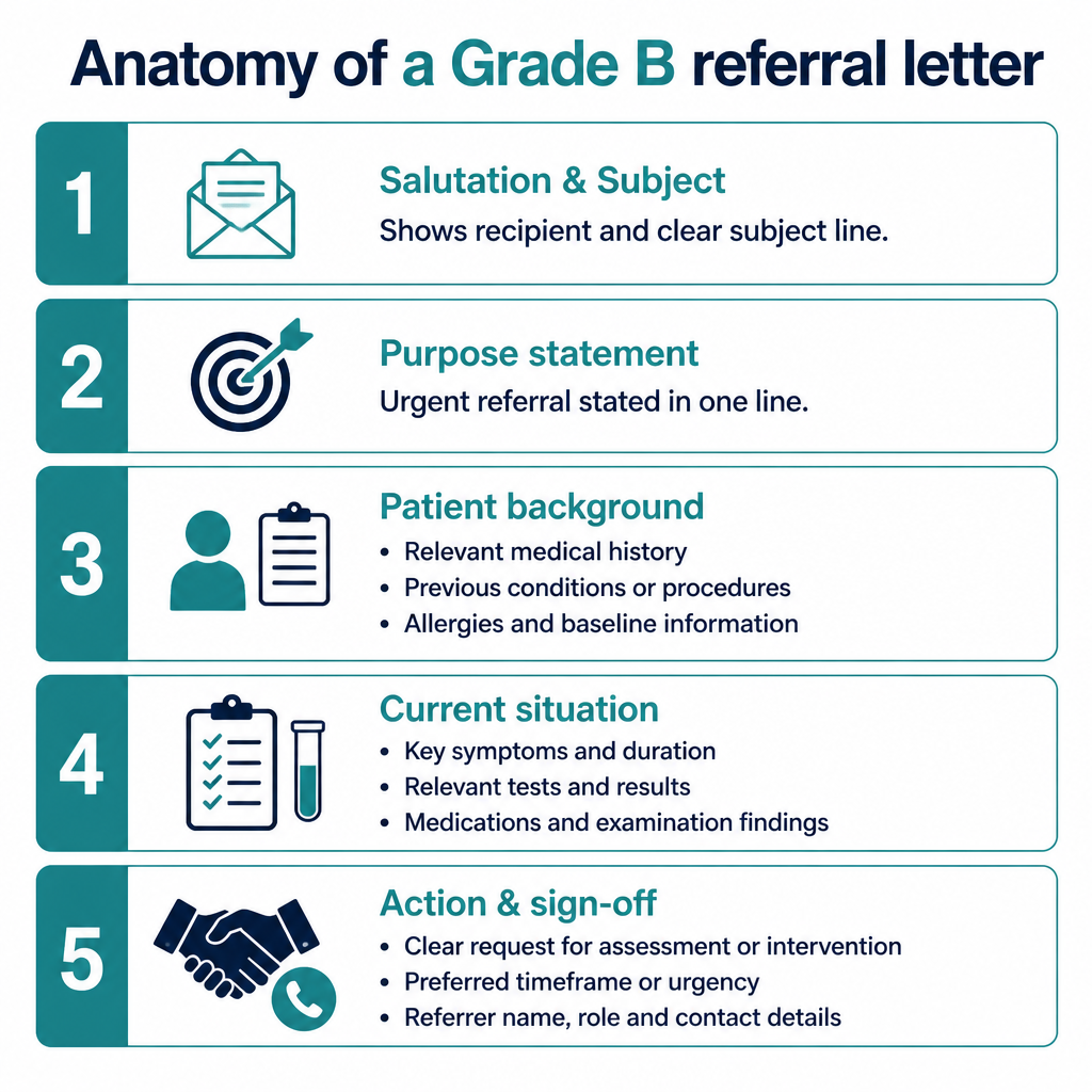 Diagram showing the 5 sections of a Grade B OET referral letter