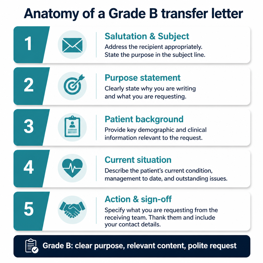 Diagram showing the 5 sections of a Grade B OET transfer letter
