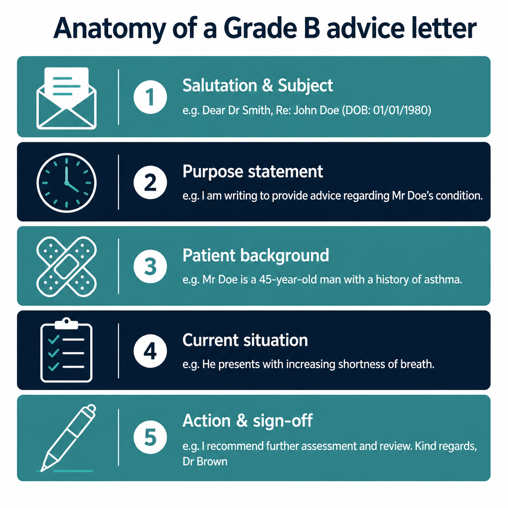 Diagram showing the 5 sections of a Grade B OET advice letter