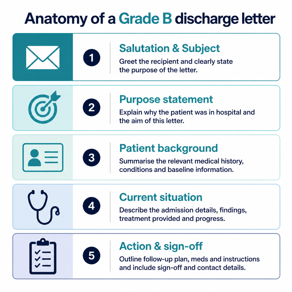 Diagram showing the 5 sections of a Grade B OET discharge letter
