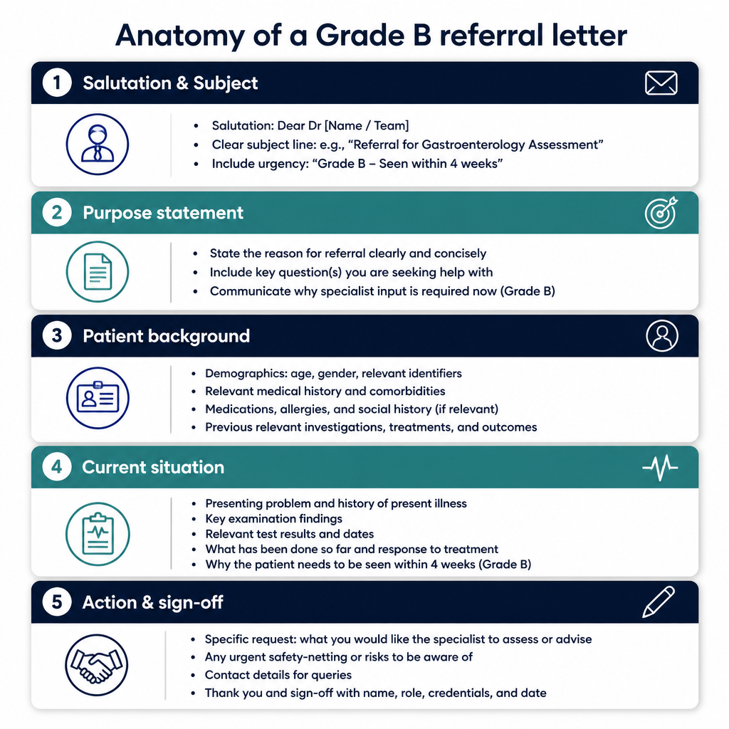 Diagram showing the 5 sections of a Grade B OET referral letter
