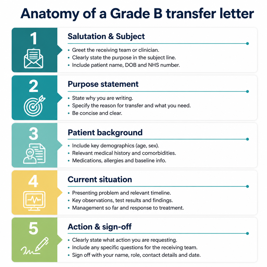 Diagram showing the 5 sections of a Grade B OET transfer letter