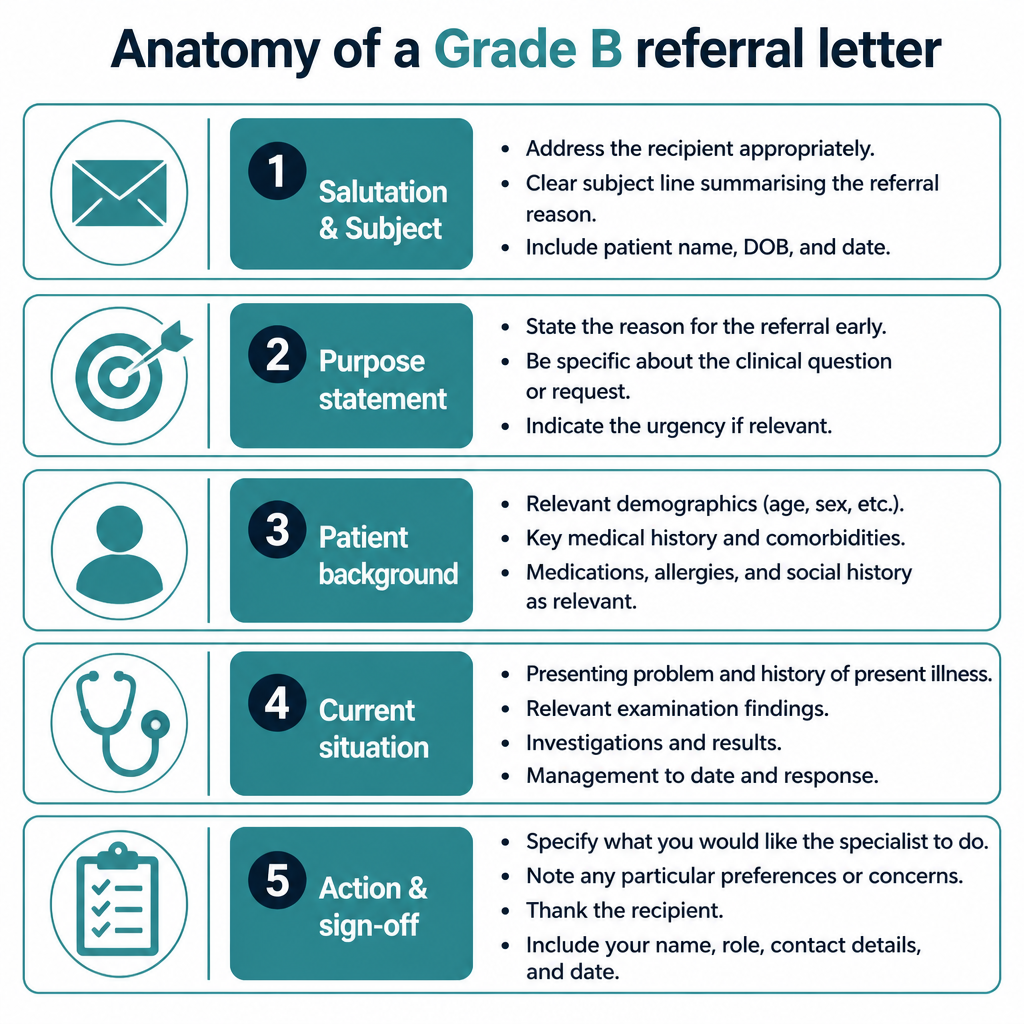 Diagram showing the 5 sections of a Grade B OET referral letter