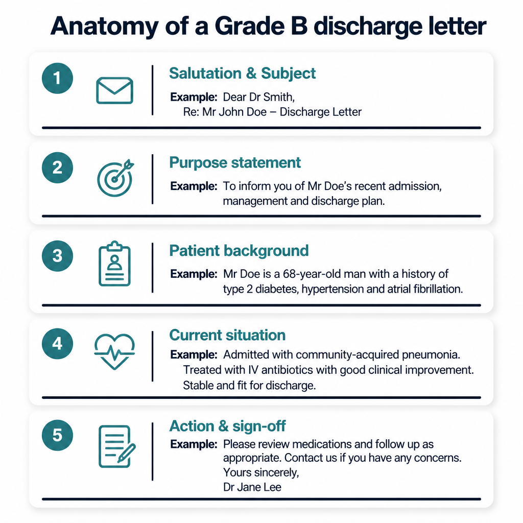 Diagram showing the 5 sections of a Grade B OET discharge letter