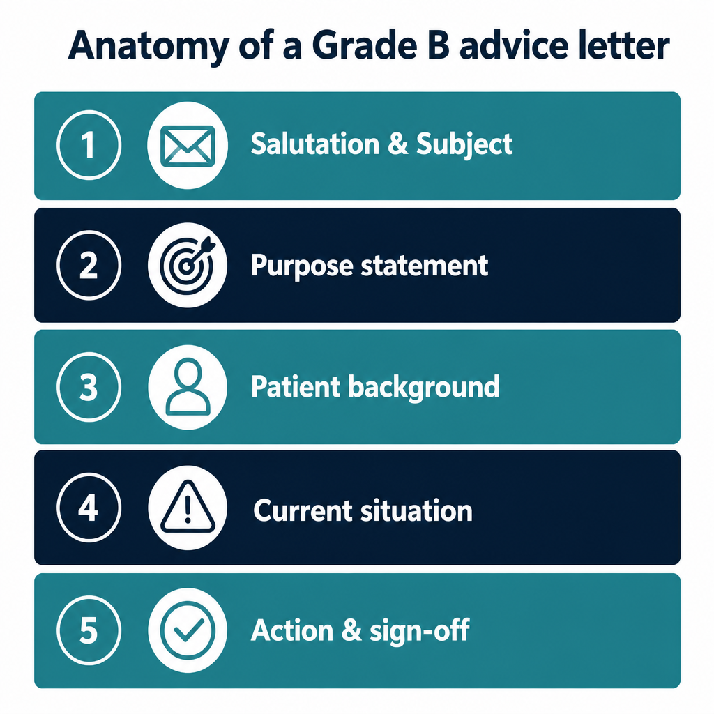 Diagram showing the 5 sections of a Grade B OET advice letter