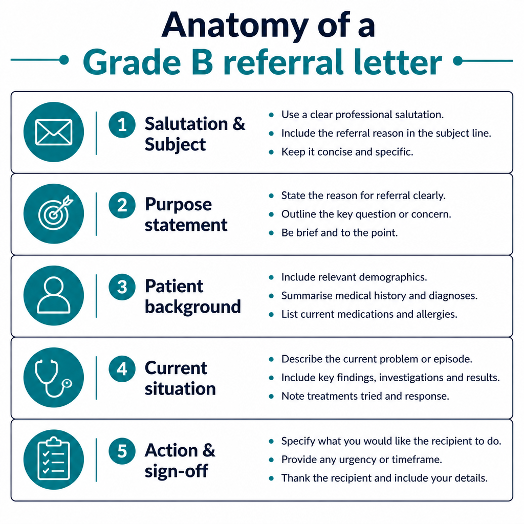 Diagram showing the 5 sections of a Grade B OET referral letter