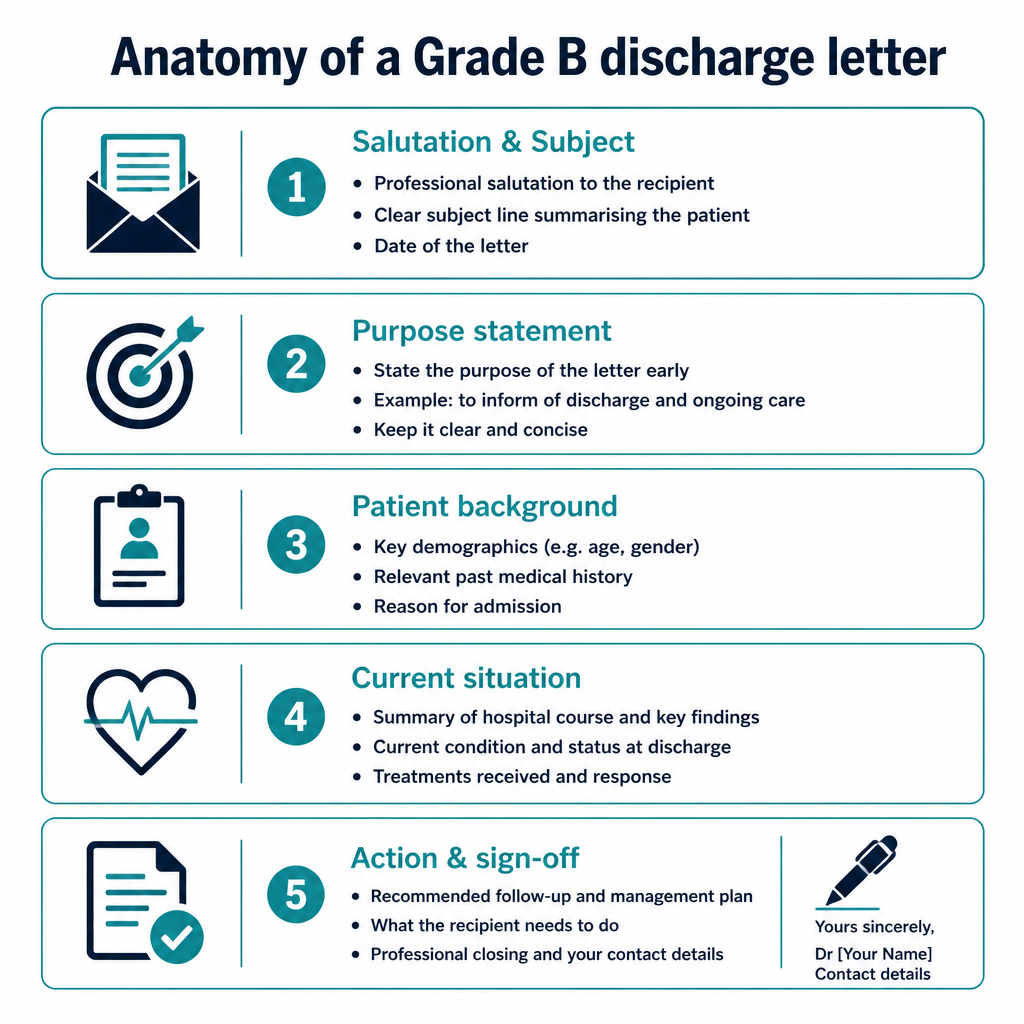 Diagram showing the 5 sections of a Grade B OET discharge letter