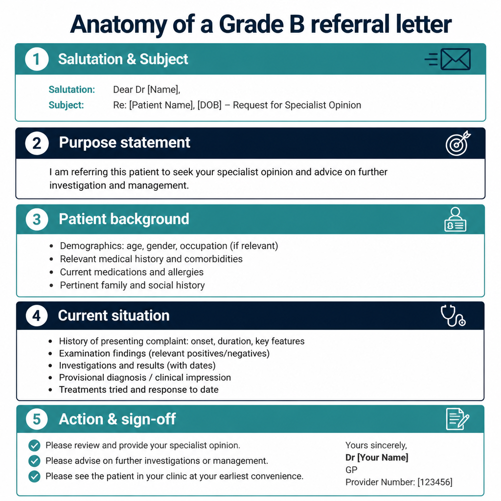 Diagram showing the 5 sections of a Grade B OET referral letter